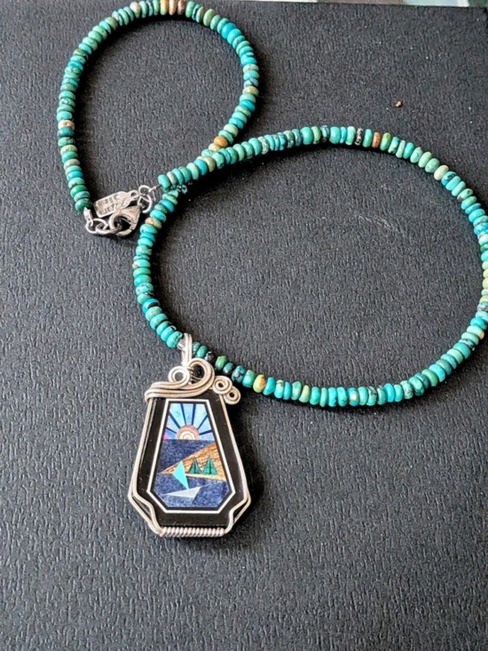 Peyote Bird Santa Fe Sterling Silver Turquoise Bead Necklace & Instaria Pendant